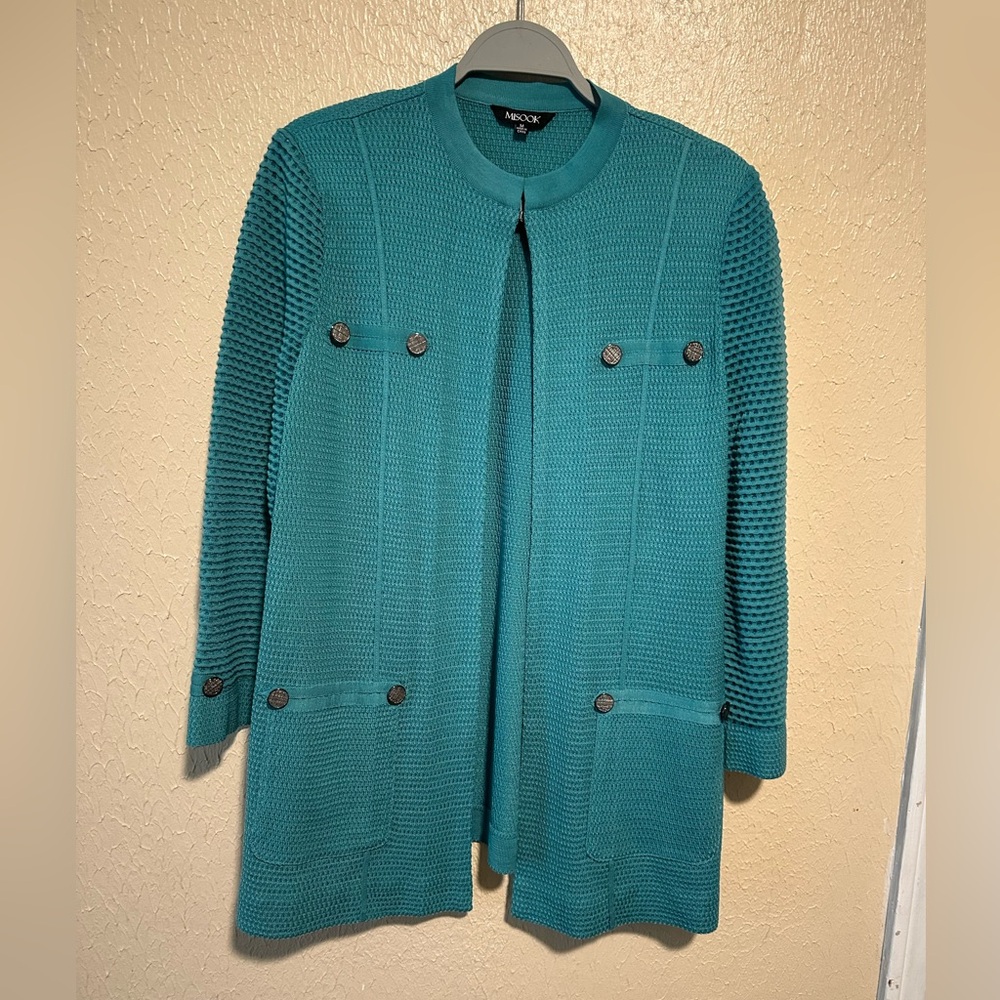 MISOOK Sweater Cardigan Teal Work Career Office Classic Open Front Size Medium